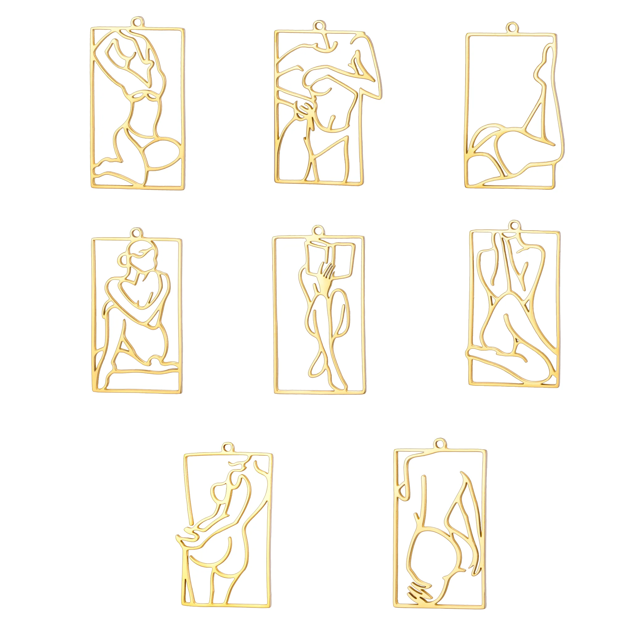 5pcs Abstract Human Body Charms Female Silhouette Stainless Steel Hollow Rectangle Pendant DIY Niche Art Jewelry Making Supplies