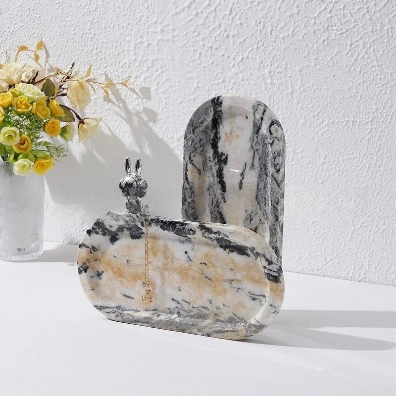 Ancient Chinese Ink Painting Marble Tray, Handcrafted Oval Stone Organizer for Jewelry Keys, Entryway Vanity Decor, Unique Home