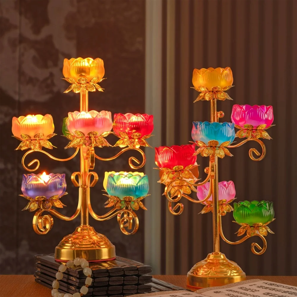 Bunter Glas-Lotus-Kerzenleuchter, buddhistischer Festival-Kerzenhalter für Heimgebet, dekorativer Kerzenständer, Buddhas helle Lampe