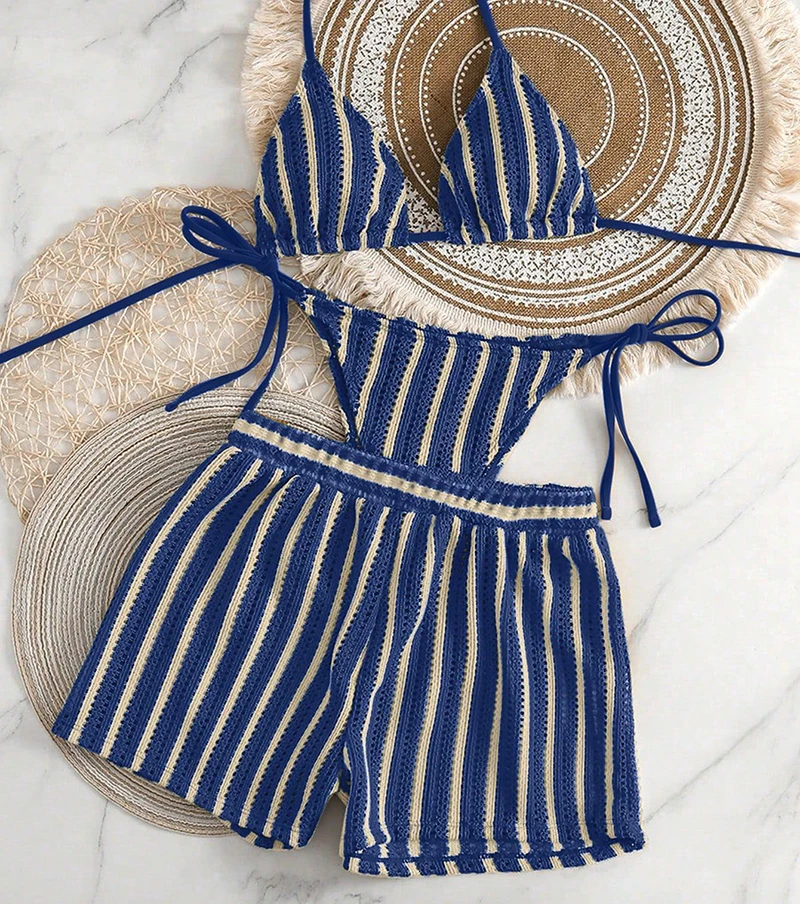 

Sexy Bikini 2026 Women Striped Mesh Bikinis Shorts Three-pieces Split Bathing Suit Summer Lace Up Swimsuit Breathable Beachwear