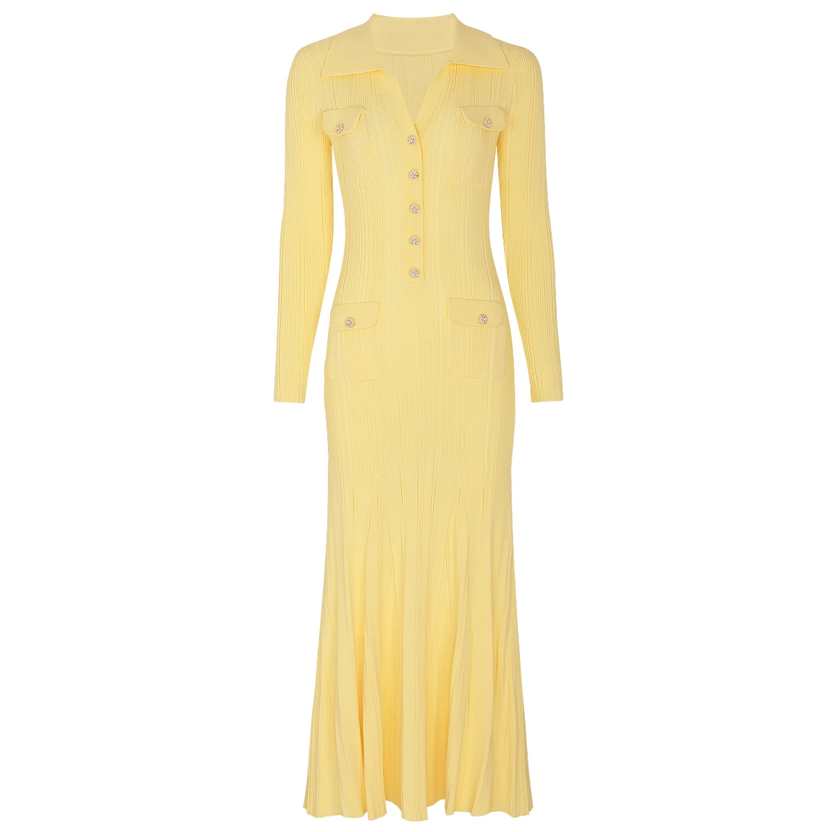 

High End Spring And Autumn New Women's Fashion Commuter Pearl Buckle Knitted Collar Slimming Fish Tail Long Sleeve Dress