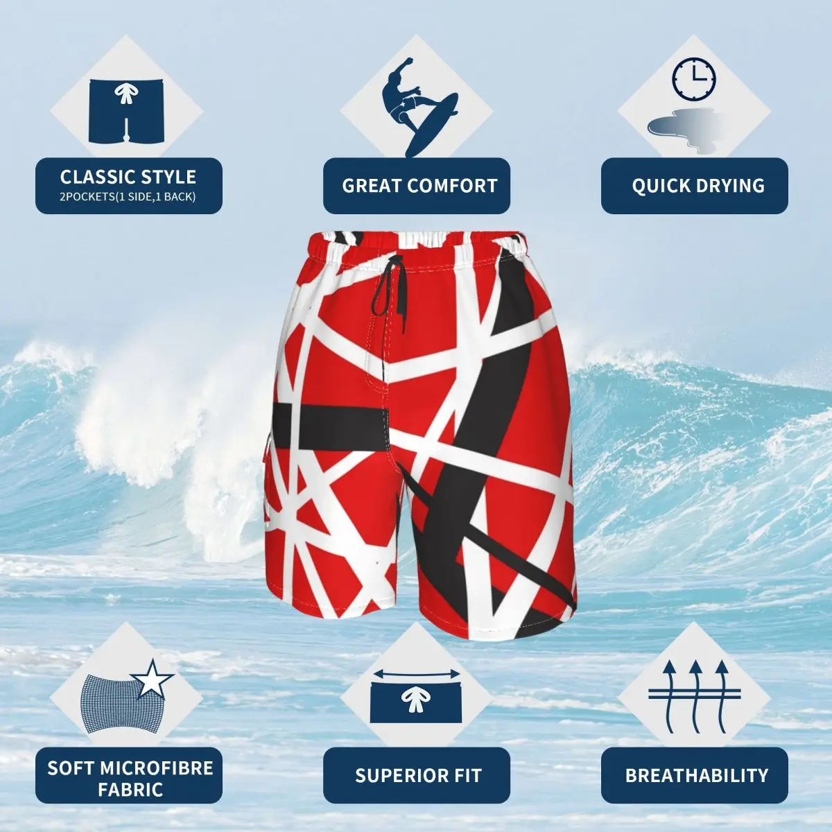 Van Halen Board Shorts EVH 5150 STRIPES Board Short Pants Elastic Waist Classic Design Swimming Trunks Plus Size