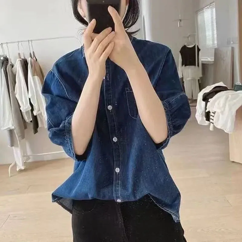 Denim Shirt Women's Spring Summer 2025 New Korean Loose Single-Breasted Jacket Female Short Sleeved Jeans Shirts Ladies Tops