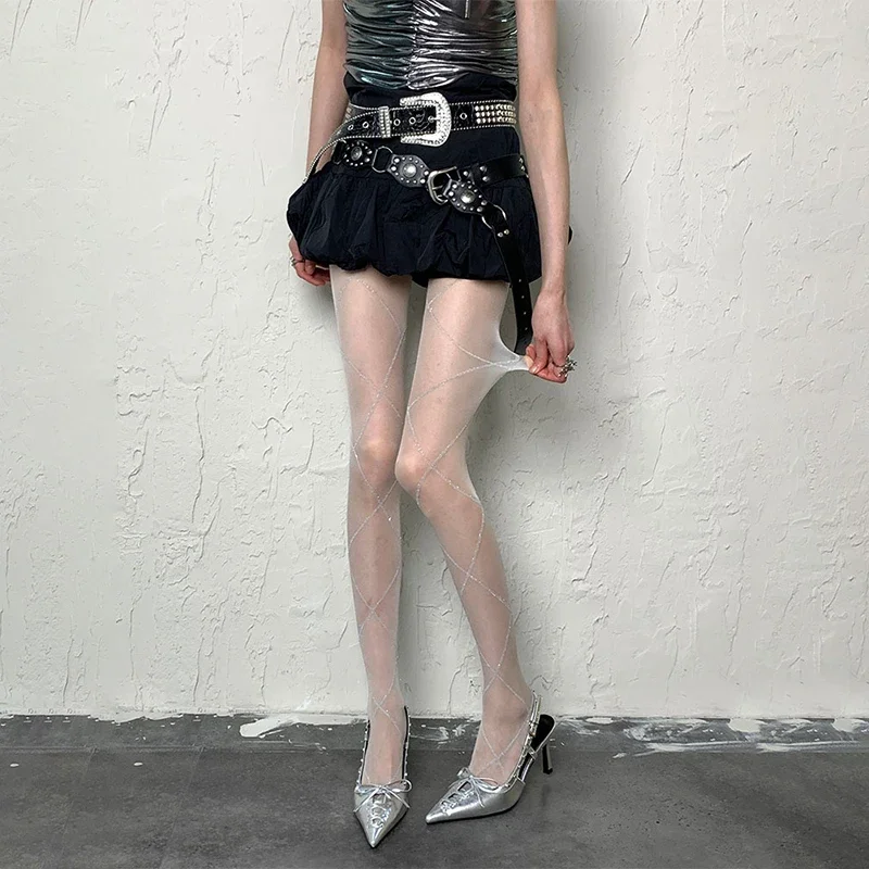 

Y2K Fashion Silver Diamond Grid Pantyhose Women's Sheer White Tights Rhinestone Mesh Nylon Shiny Stockings Girls Goth Party Sock