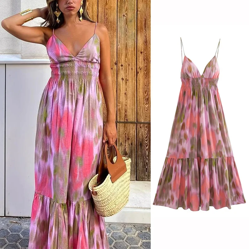 

Women's Summer Dresses Sleeveless Halter Neck Bohemian Maxi Dress V Neck Straps Panel Mini Dress 2024 Summer Beach