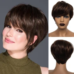 Dark Brown Remy Human Hair Wigs with Bangs Short Pixie Cut Bob Wig for Women Layered Chocolate Brown Bob Wig 6inches Daily Party
