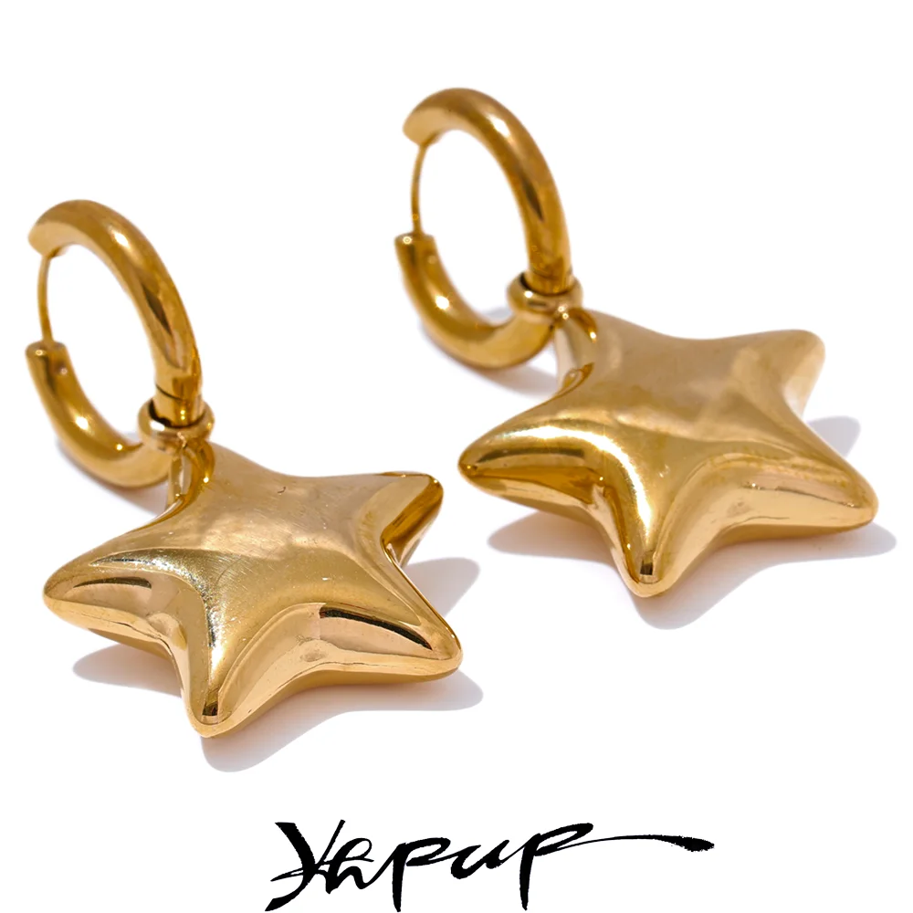 Yhpup moda paslanmaz çelik yıldız Hollow kalın damla Hoop küpe kadınlar 18K altın kaplama cilalı doku Charm günlük takı