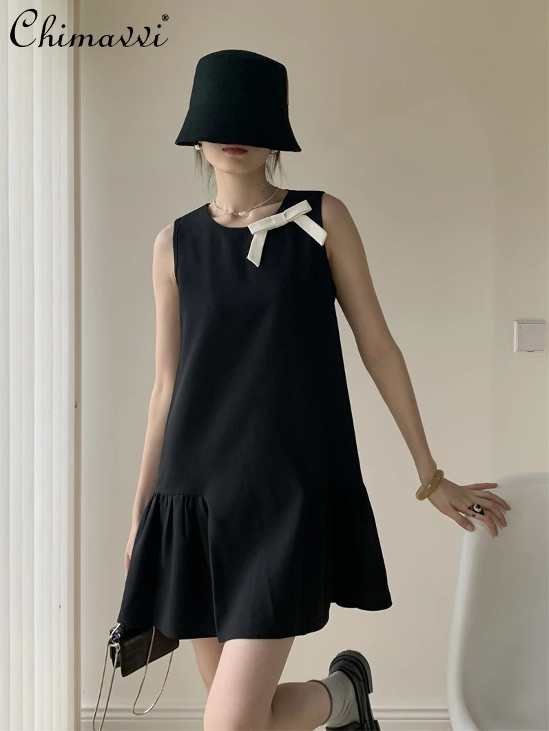 

Summer 2024 French Elegant Fashion Bowknot Vest Dress round Neck Sleeveless Loose Waist A-line Casual Black Short Dress Women