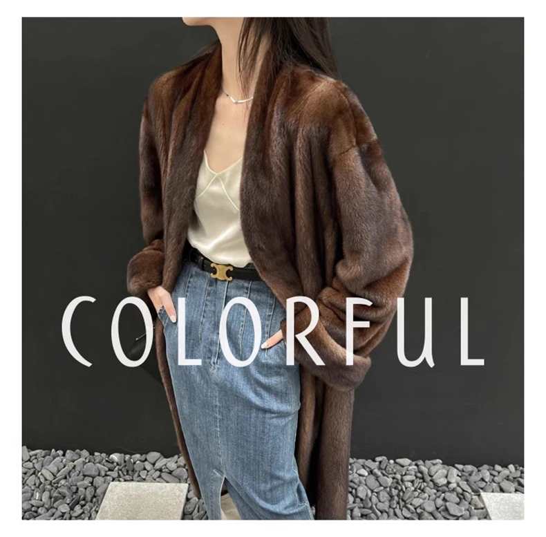 Lautaro Winter Long Vintage Elegant Luxury Chic Thick Warm Soft Brown Fluffy Faux Mink Fur Coat Women V Neck Furry Overcoat 2023