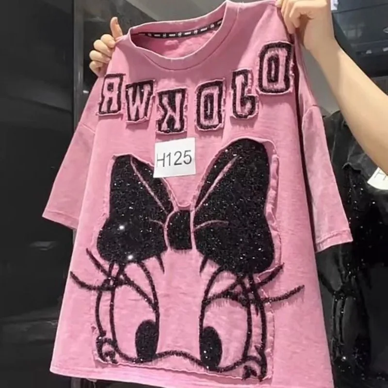 

Oversized Tee Korean Style Women Clothes Summer New Short Sleeved T Shirt Women Loose Cartoon Donald Duck Daisy Patch Pink Tops