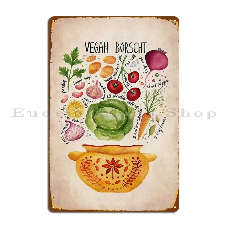 Cartel de Metal de receta Vintage de Borscht vegano, decoración de cocina, placa de pared estampada, cartel de estaño Retro