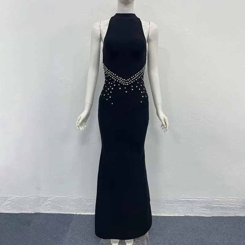 ชุดเดรสยาวทรงเมอร์เมดสีดำหรูหรา ประดับเพชร แขนกุด เซ็กซี่ สำหรับผู้หญิง ชุดราตรีออกงานพรมแดงแบบดารา