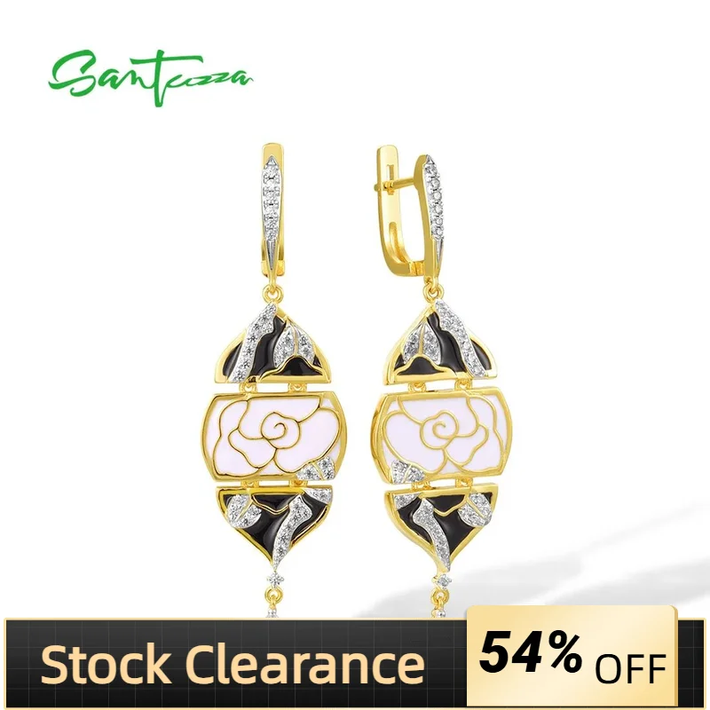 

SANTUZZA 925 Sterling Silver Dangling Earrings For Women Oriental Peony Flower White/Black Enamel Chic Fine Jewelry Handmade