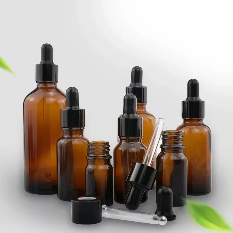 14PCS 15/30/50/100ml Essential Oil Glass Aromatherapy Liquid Brown gold Empty Dropper Bottle Massage Pipette Refillable Bottles