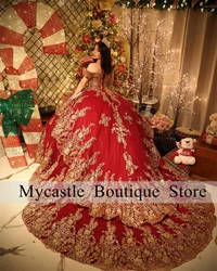 Red Quinceanera Dress Lace Pearls Ball Gown vestidos para 15 vestido años Long Sleeve Sequined Birthday Prom Gown Customized