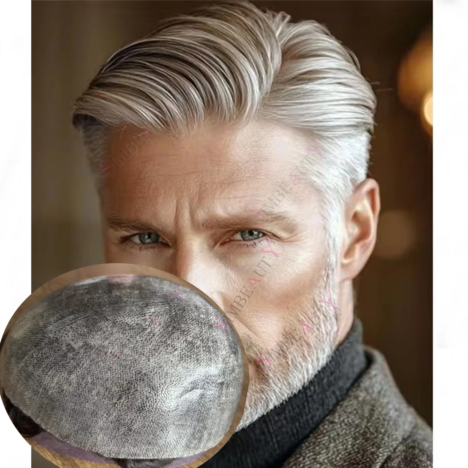 

Grey 1B80 Super Natural Hairline Men's Wig 100% Human Hair Durable 0.1mm PU Injection Cheapest Brown Capillary Prosthesis System