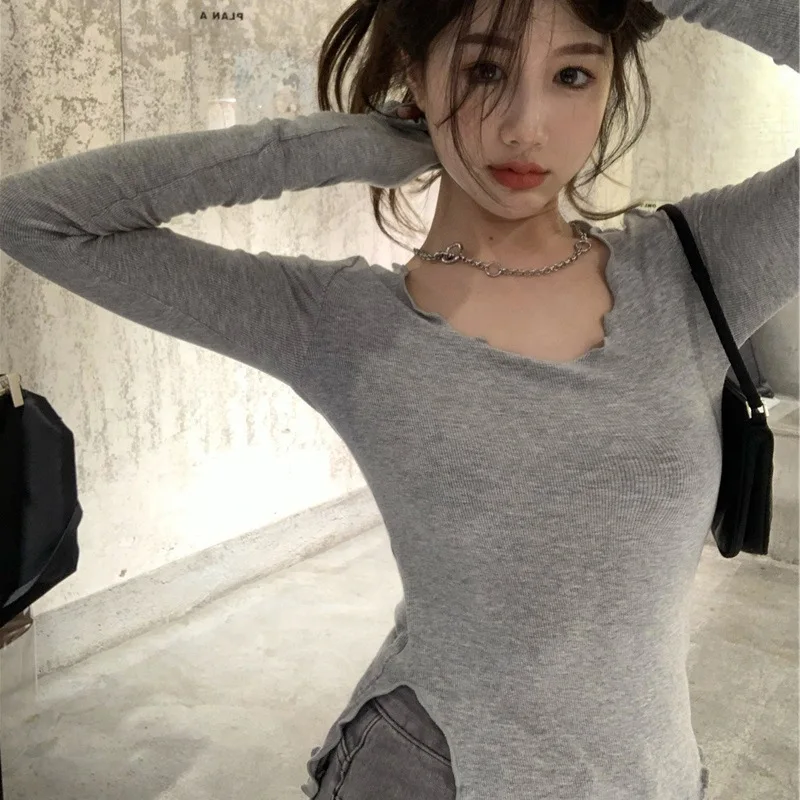 Nice Long Sleeve T-shirts Women Fungus Line Irregular Hem Knitted Slender Autumn Bottoming Tees Chic Fashion Sexy Solid Ulzzang