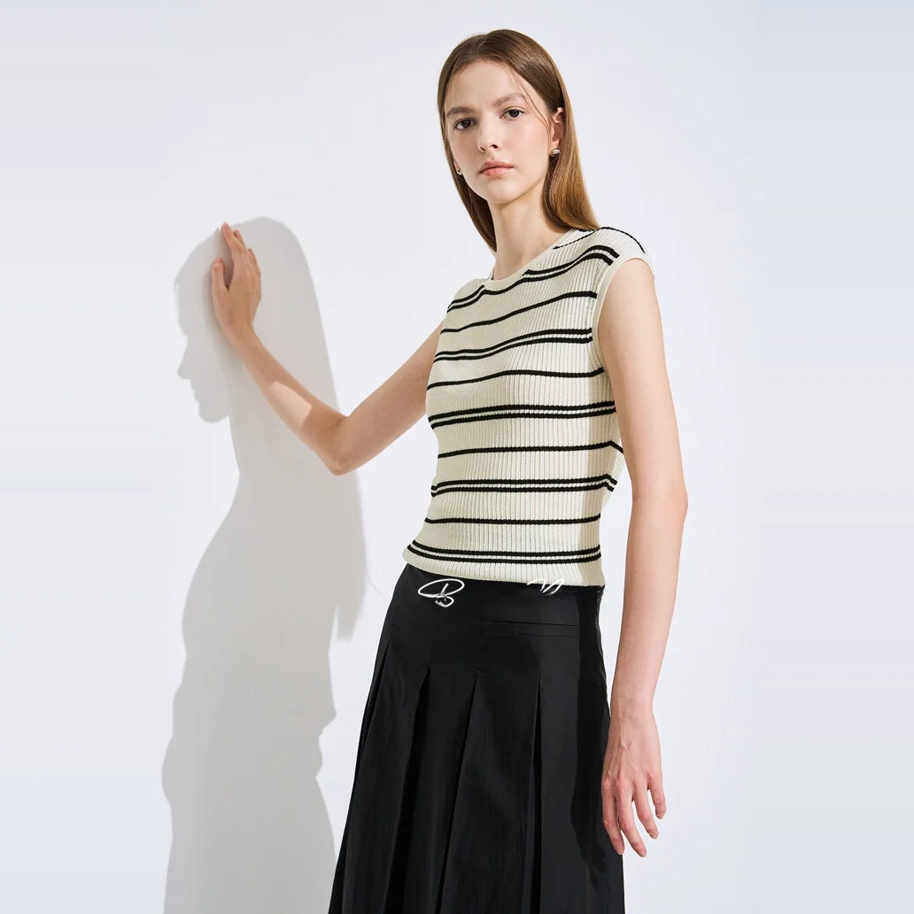 Precio reducido sensación de hielo Quali chaleco tejido a rayas auto-Kept Svel Top coreano Sle Commute suéter fino de verano