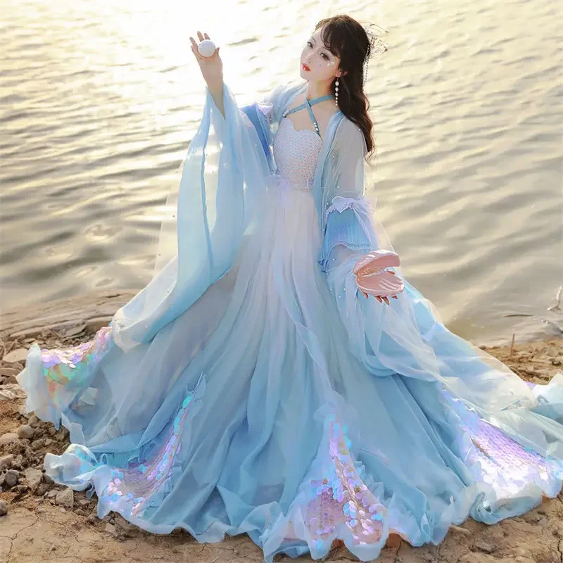 Ancient Blue Gradient Hanfu Dress for Women Summer Chinese Style Mermaid Cospaly Clothing Fairy Stage Dance Costumes Vestido