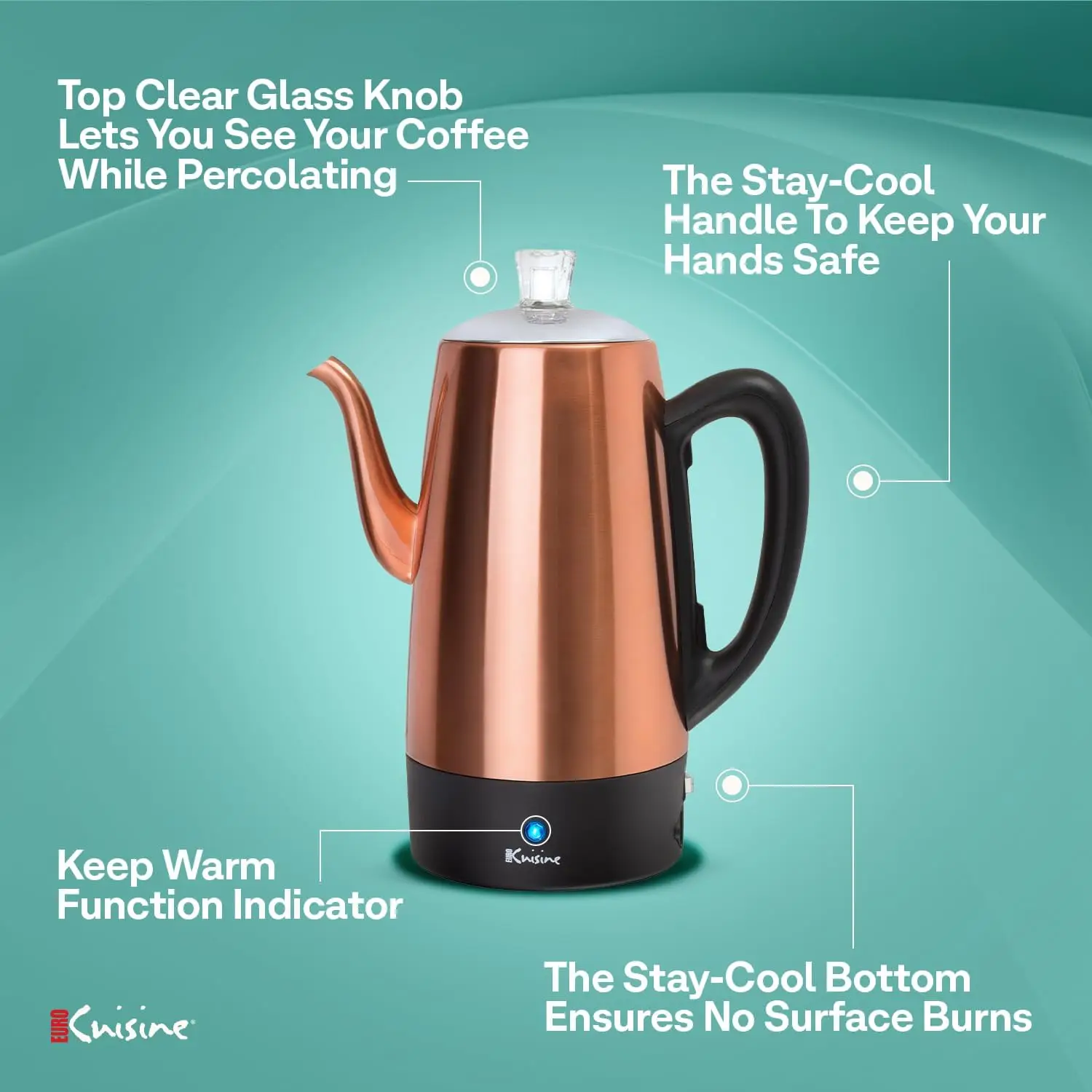 دورق قهوة كهربائي من الفولاذ المقاوم للصدأ PER12، 12 كوب، لمسة نهائية من النحاس المصقول، فوهة معقوفة بدون قطرات، مقبض زجاجي شفاف، Br