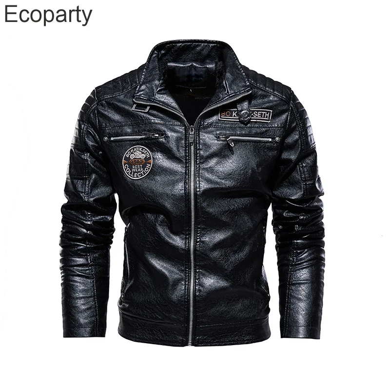New Men's Leather Jacket Men's Winter Fleece Men's Stand Collar Biker Casual Windproof Slim Fit Jacket Fleece Leather Jacket