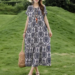 Vintage Print Loose Dresses for Women 2024 Casual Short Sleeve Long Dress Summer Middle-aged Women's Clothing