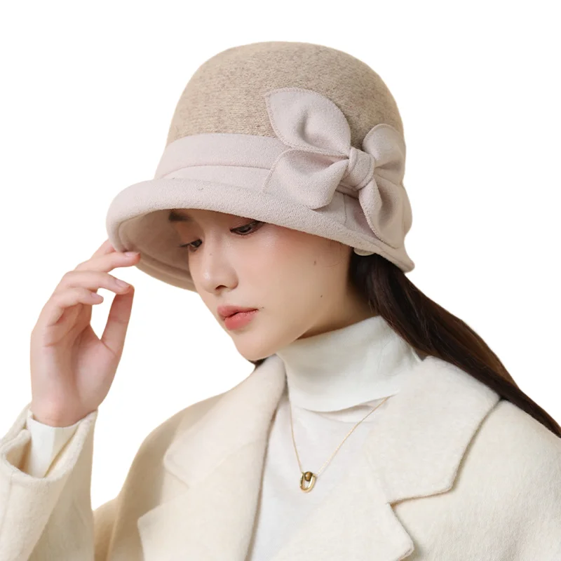 

Осенне-зимняя панама, плюшевые шапки с бантом, женская элегантная универсальная шляпа-тазик, зимняя модная ретро-модная теплая рыбацкая шапка на открытом воздухе