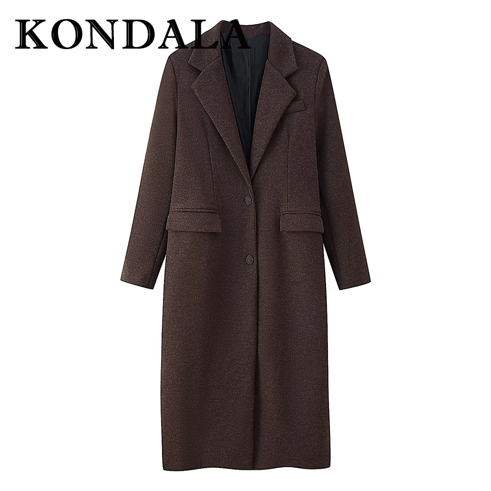 KONDALA Fashion 2025 Autumn Vintage Women Solid Coat Single Breasted Loose Long Coat Streetwear Female Pocket Elegant Outwear