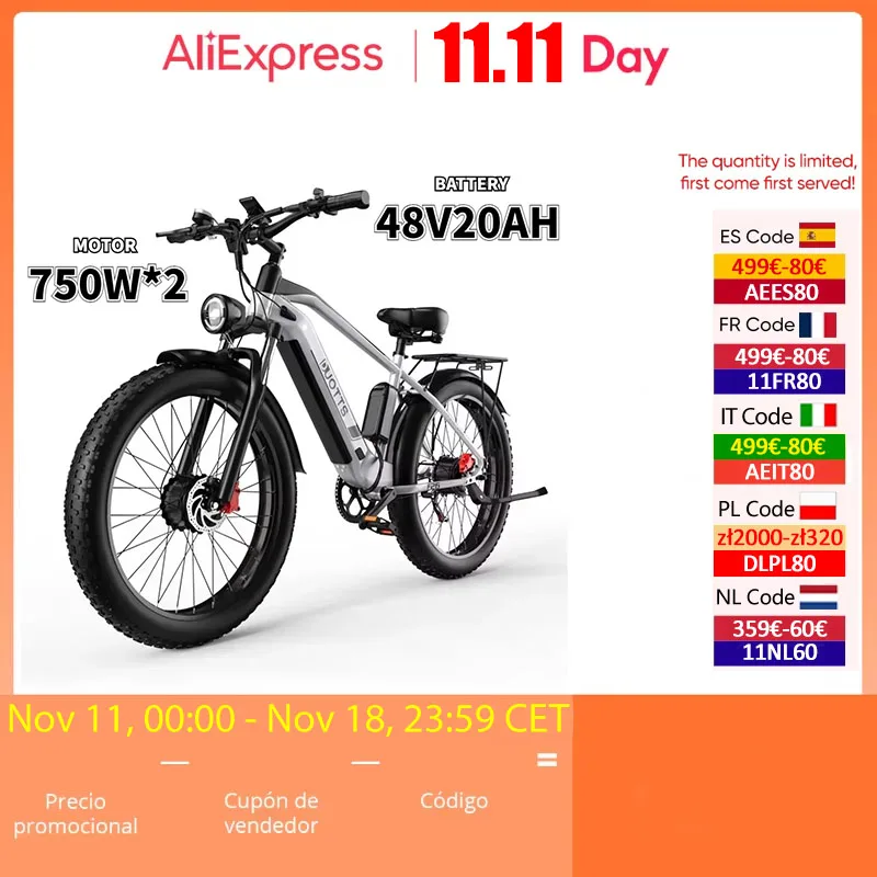 E-Bike 750W*2 Dual Motor 48V20AH Lithium Battery Hydraulic Brake Electric Bicycle 26-Inch Fat Tire All Terrain Electric Bike