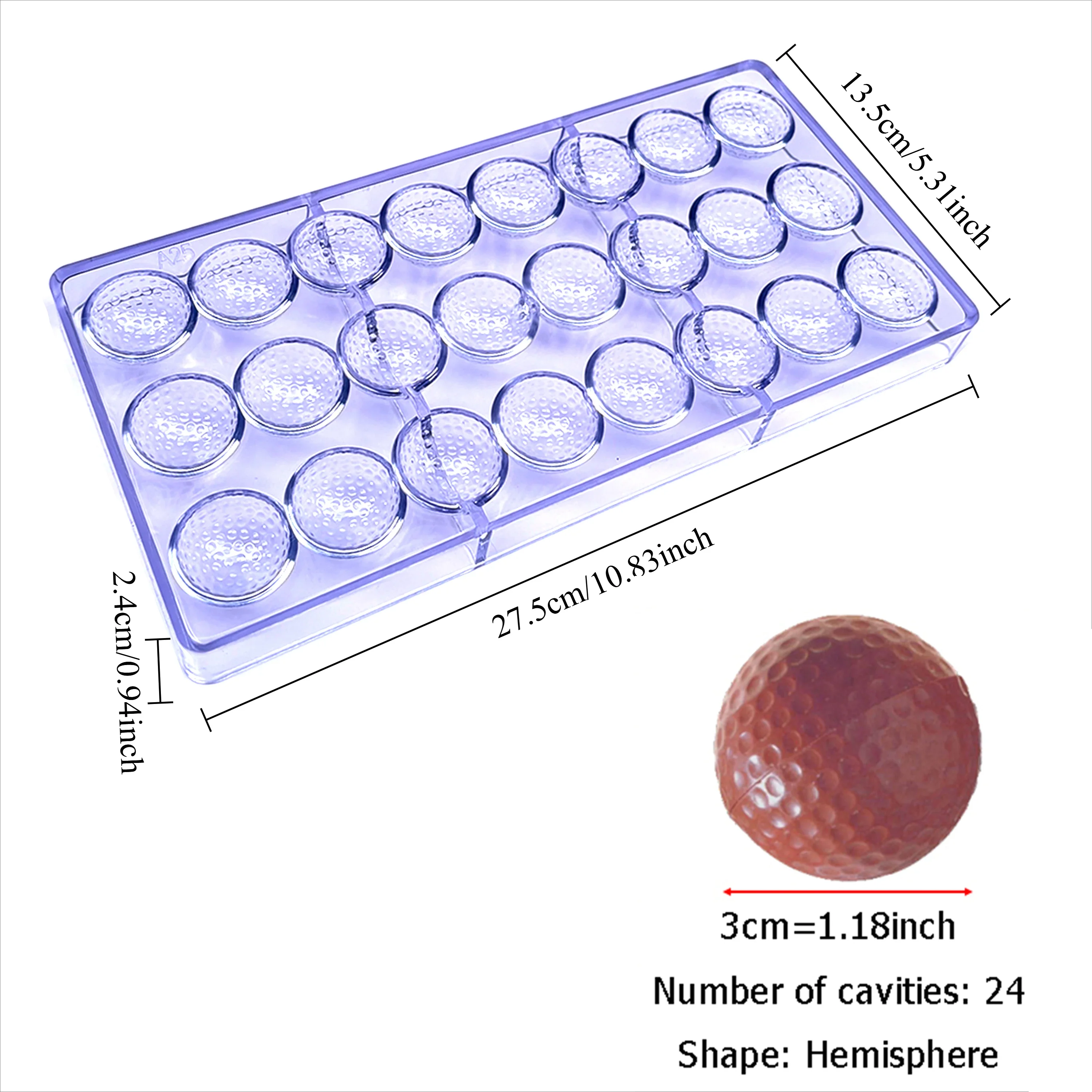 24-Cavity Textured Golf Ball Polycarbonate Chocolate Mold, Sports Ball Bonbon & Confectionery Candy Mold for Home and Bakery
