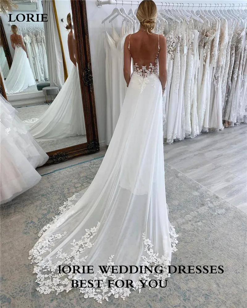 LORIE Lace Boho Wedding Dresses V Neck Spathetti Straps A Line Bride Dresses Floor Length Chiffon Wedding Gowns 2023 Customized