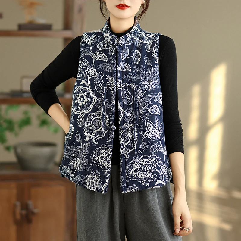 

Autumn Winter Women's Cotton Blend Warm Jaet with Button Design Print f Coat Sli Retro Chinese Sle Vest Top