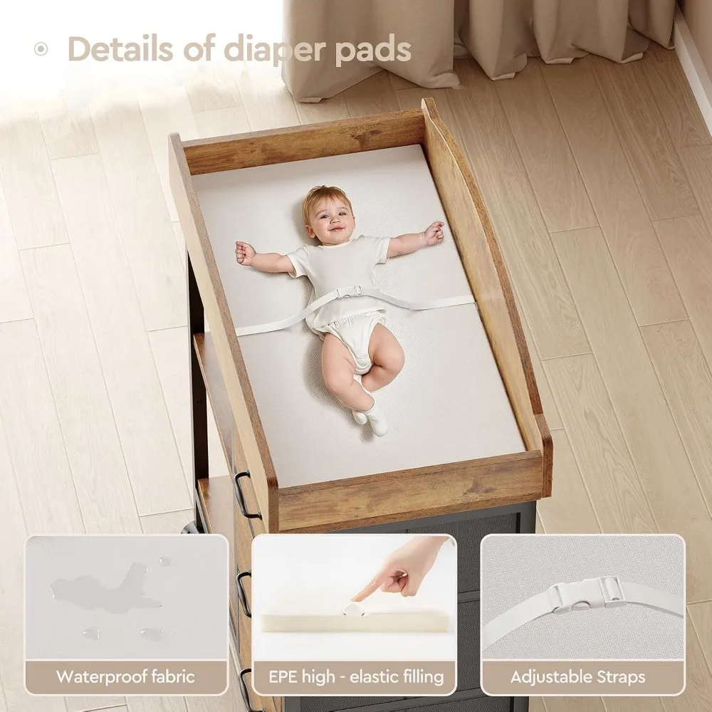 Changing Table Dresser, Baby Dresser with 3 Fabric Drawers and 2 Shelves, Multi-Functional Baby Changing Table with Pad, Classic