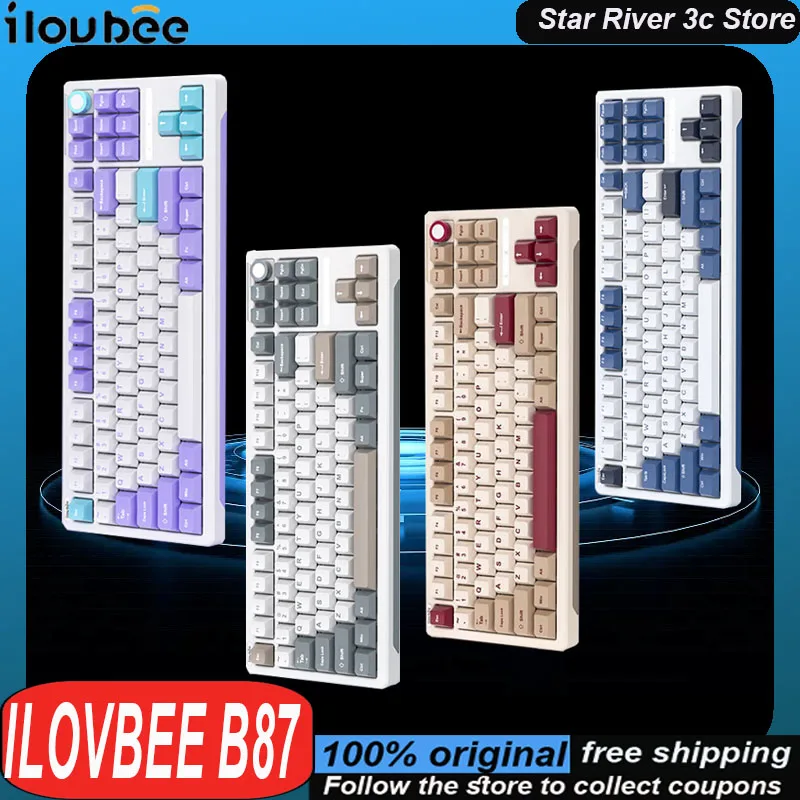 Ilovbee B87 Mechanical Keyboard Wireless Tri Mode Multimedia Knob Long Battery Life Hot Plug Rgb Customized Gaming Keyboard Gift