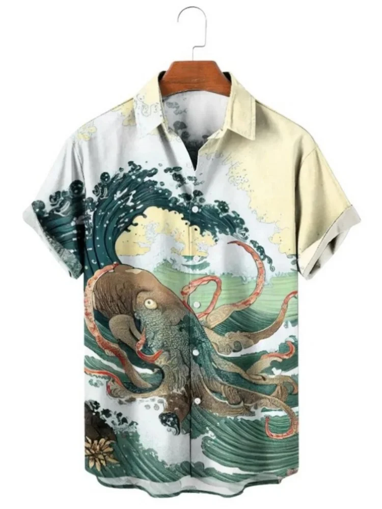 Men's Japanese ukiyo-e printed short sleeved shirt, octopus turtle wave 3D stand up collar shirt, summer casual loose top