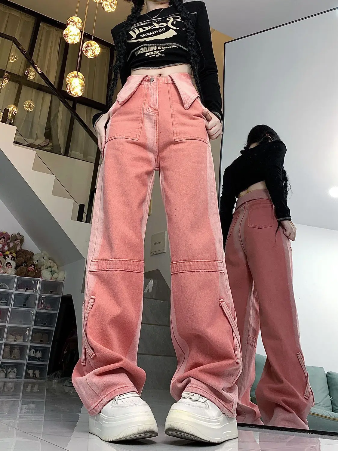 Jeans Flange Pink High Waist Baggy Harajuku Y2k Cowboy Pants Aesthetic Streetwear Women Vintage Wide Leg Straight Denim Trousers