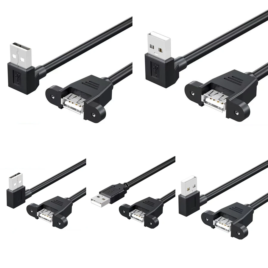 Right angle 90 degree USB2.0 male to female extension mini USB 2.0 cable with panel mounting screw hole computer extension cable