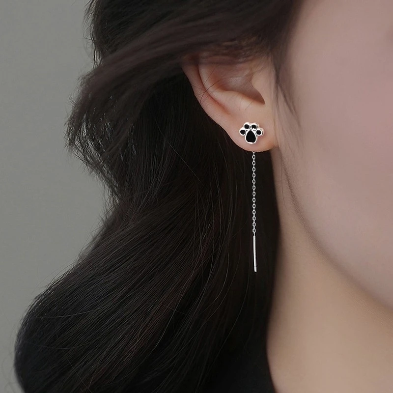 Adorable Paw Print Threader Earrings for Women, Copper Material Dainty Pet Paw Ear Threads, Jewelry Gift for Cat/Dog Lovers