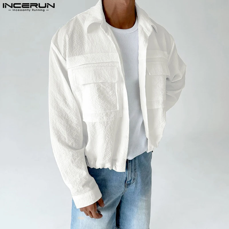 

INCERUN Мужская рубашка, однотонная, с лацканами, с длинными рукавами, свободными карманами, повседневная мужская одежда, уличная одежда, модные рубашки для отдыха 2025, топы