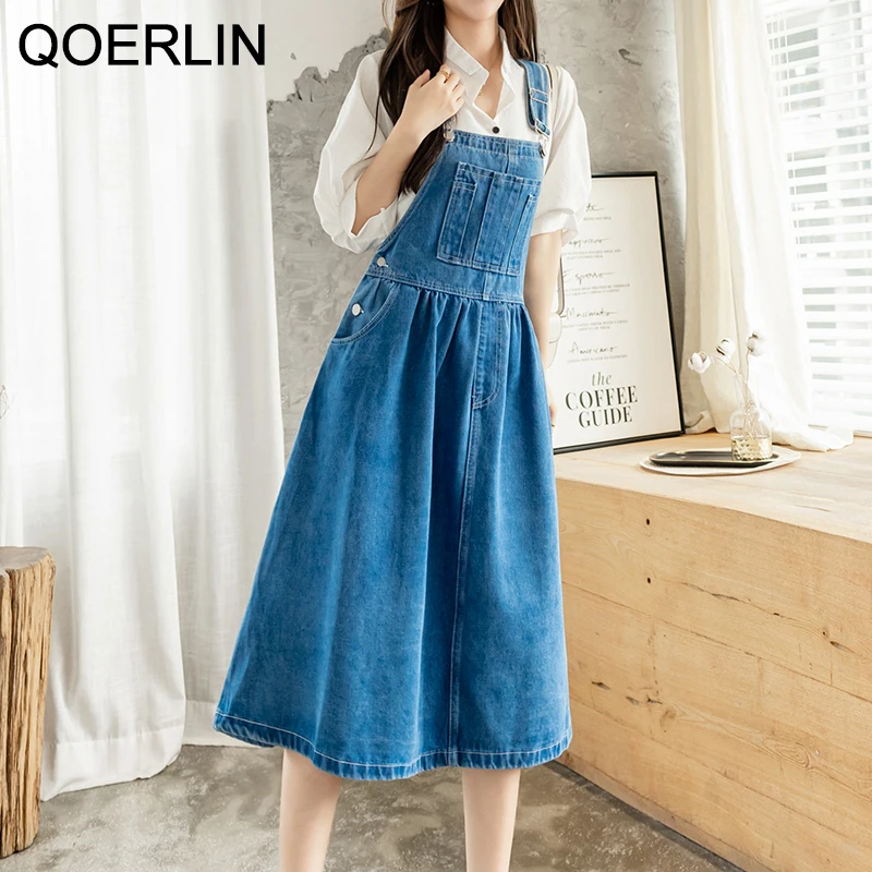 QOERLIN XXXXXL Denim Sundress Women Summer New Pocket Sleeveless A-Line Tank Dresses Midi Korean Fashion Jeans Dress Big Size