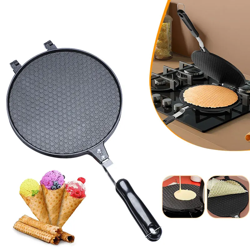 Non-Stick Waffle Cone Maker Aluminum Alloy Egg Roll Ice Mold Cream Cone Maker Crispy Pancake Pan with Heat-insulation Handle