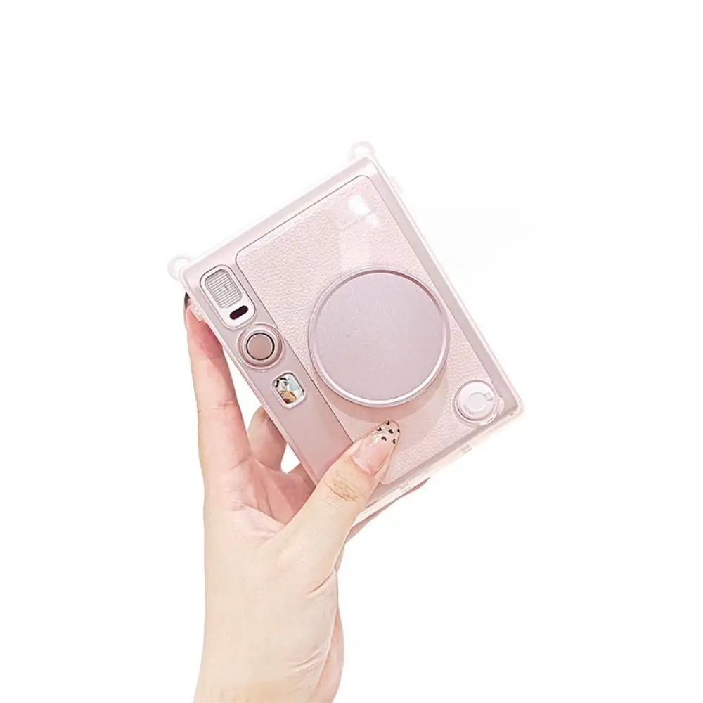 with Pearl Chain Carrying Case Translucent Pink Wear Resistant Instant Camera Shell Hard Shockproof for Fujifilm Instax Mini EVO