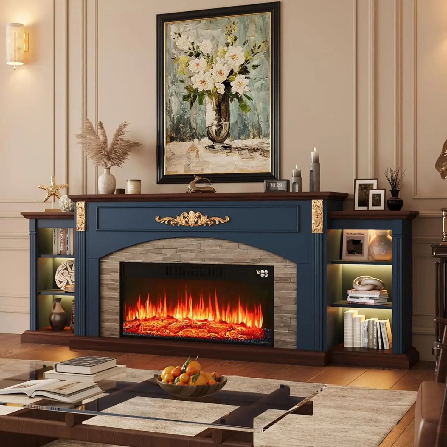 

90inch Fireplace TV Stand, Fireplace with Mantel Holds TVs up to 100 Inch, Blue TV Stand with 36inch Electric Fire, Custom