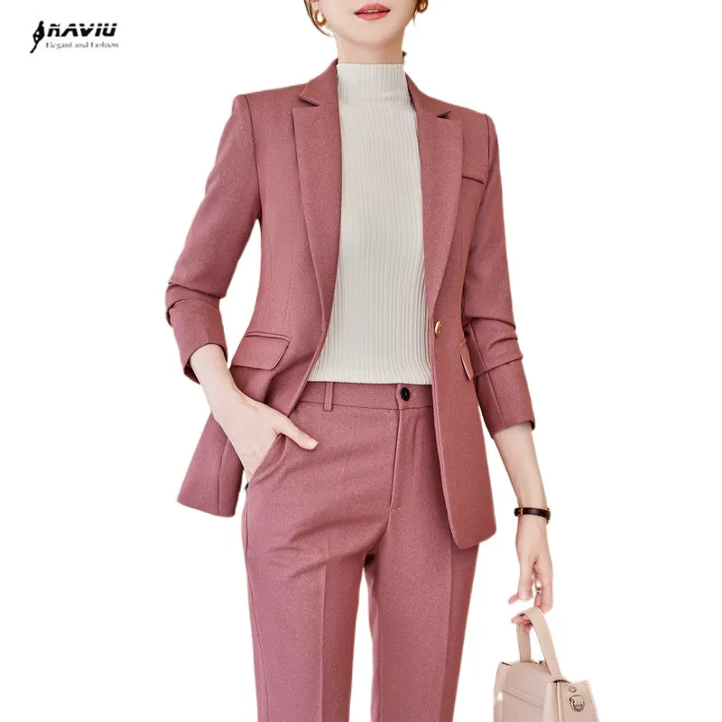 NAVIU Pink Suits Women Fashion Tempeament New 2023 Autumn Business Interview Slim Blazer And Pants Sets Office Ladies Work Wear