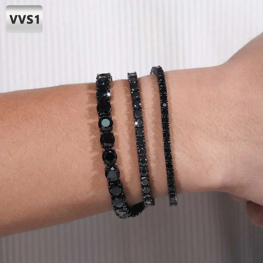Nuoya 3mm 4mm 5mm Black Moissanite Tennis Chain Stainless Steel Iced Out Tennis Bracelet for Men Women Round Cut Hip Hop Gift