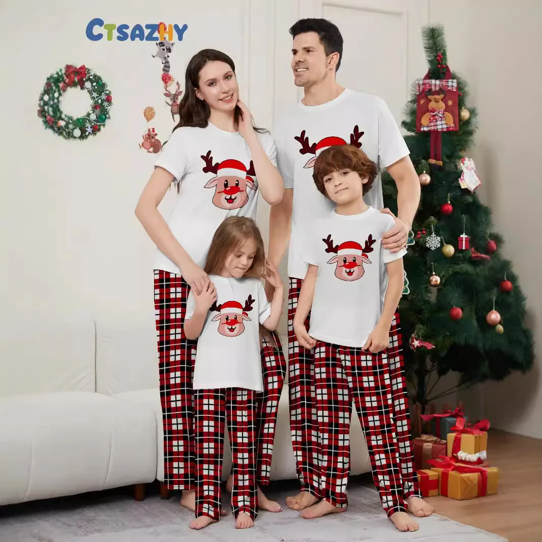 

2025 New Christmas Family Pajama sets, cute white short-sleeved cartoon printed soft sets for adults and children,baby jumpsuits