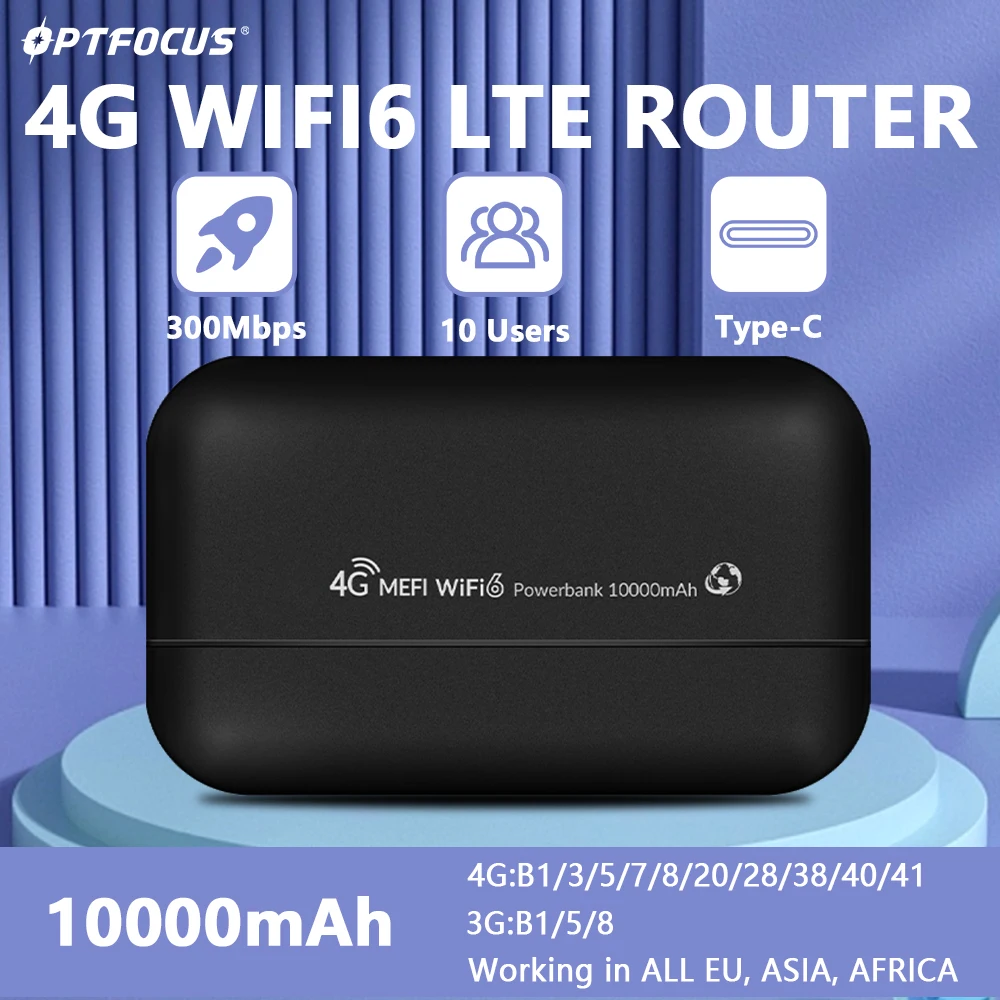 Router mobilny OPTFOCUS 4G WIFI z baterią 10000mAh, 300Mbps, MIFI WIFI6, modem LTE, bezprzewodowy router, hotspot zewnętrzny z gniazdem na kartę SIM