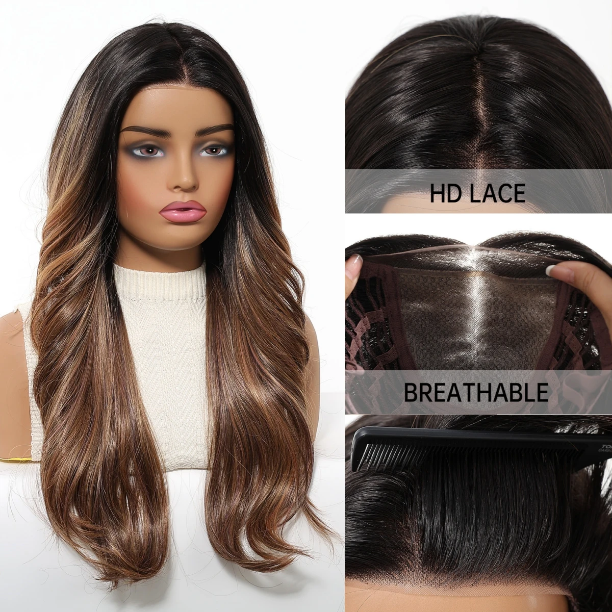 HAIRCUBE MONO Wig Sintetis Depan Renda Coklat Wig Bagian Bebas Alami Rambut Palsu Panjang Bergelombang untuk Wanita Pesta Harian Tahan Panas