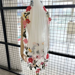 Floral Wedding Bridal Veils With Comb 3D Colorful Flowers Leaves For Brides White Ivory Tulle Red Green Pink Blue Lace Edge New