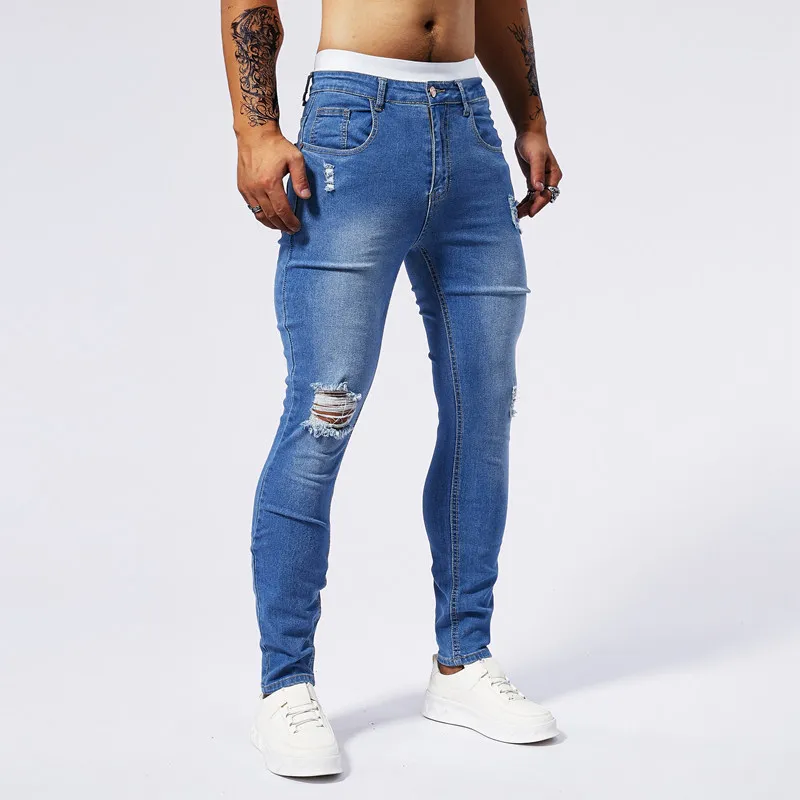 Slanke Gescheurde Stretch Jeans Heren Hiphop Gaten Mode Amerikaanse Biker Hoge Elasticiteit Skinny Casual Denim Broek Man